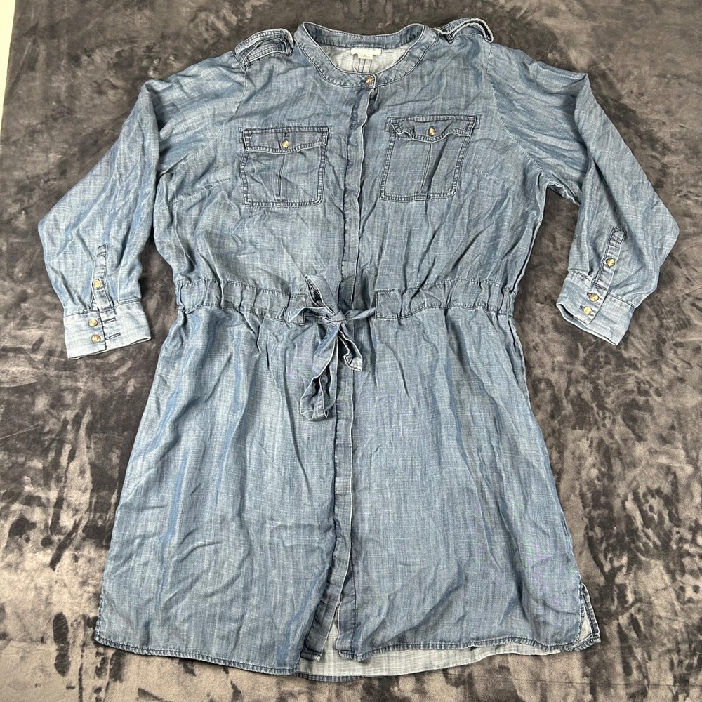 Liz Claiborne Shirt Dress Women 3X Blue Chambray Lyocell Tie Waist Button Front